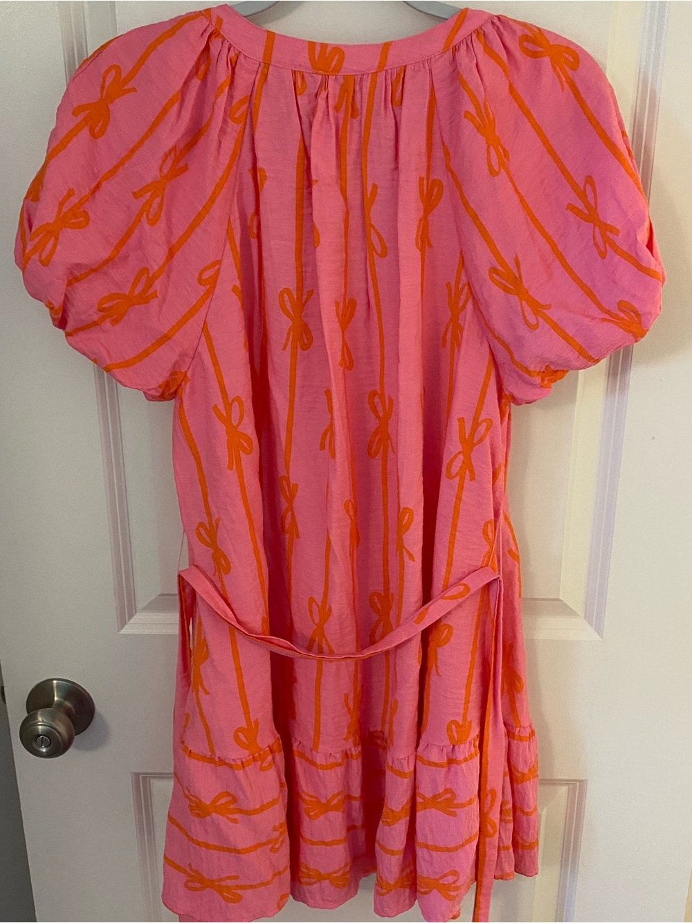 Umgee Pink Dress with Orange Bow-Print Puff Sleeves and Matching Belt - Picture 2 of 6